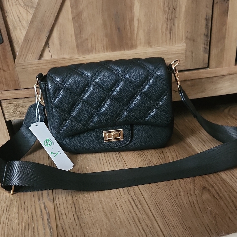 Elegant Black Vegan Leather Quilted Shoulder Bag